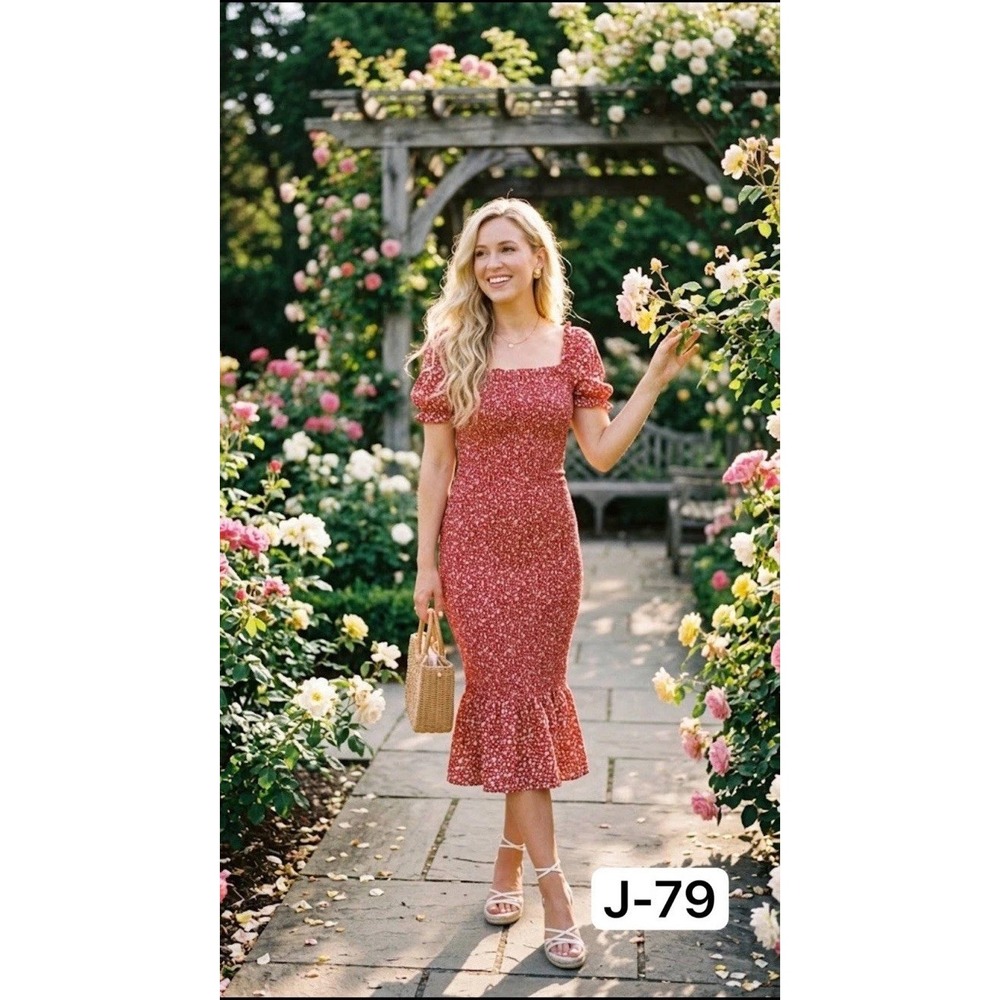 Prettygarden Red Ditsy Floral Smocked Puff Sleeve Milkmaid Midi Dress Small NWT